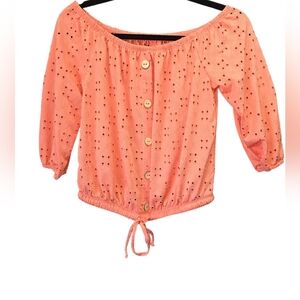 Coral Eyelet Off Shoulder Crop Top Cottagecore Peasant Blouse Boho Coastal
